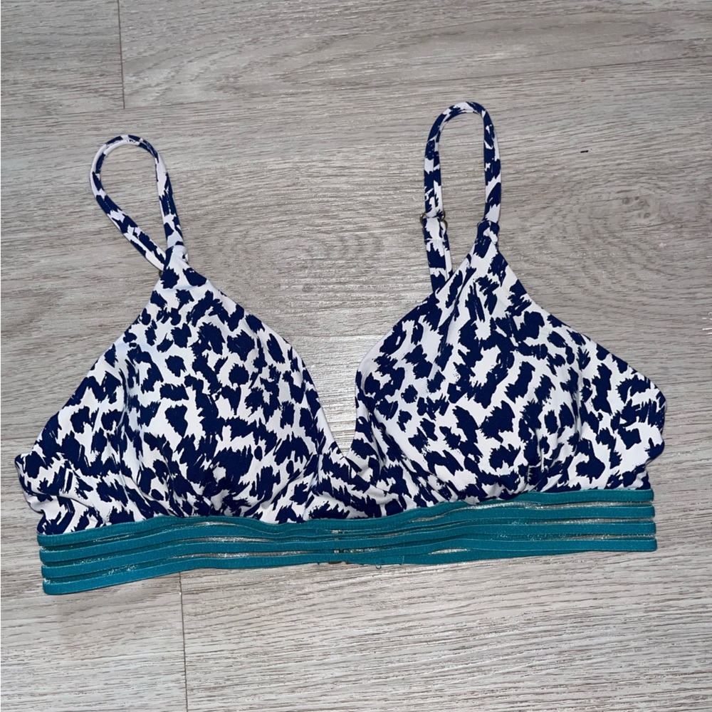 Cole of California Navy & White Leopard Print Bikini Top with Teal Band Medium